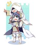  alfonse_(fire_emblem) armor armored_boots bangs blue_eyes blue_hair boots brown_footwear brown_gloves cape carrying chibi commentary_request detached_sleeves eyebrows_visible_through_hair fire_emblem fire_emblem_heroes full_body gloves highres hood long_sleeves looking_away multiple_boys nakabayashi_zun open_mouth pants pointing shoulder_carry simple_background summoner_(fire_emblem_heroes) white_cape 