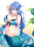  :d absurdres animal_ears bikini black_bikini blue_bikini blue_hair blush breasts brown_eyes cleavage commentary_request eyebrows_visible_through_hair fang gradient gradient_background hair_between_eyes hand_behind_head head_fins highres huge_breasts jewelry layered_bikini long_hair looking_at_viewer matsunoki_(unknown_751) mermaid monster_girl navel necklace open_mouth original ponytail smile solo swimsuit very_long_hair yellow_background 
