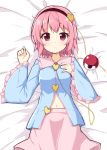  blue_shirt commentary_request hairband hand_on_own_chest komeiji_satori lying navel ominaeshi_(takenoko) on_back open_clothes open_shirt pink_eyes pink_hair pink_skirt shirt short_hair skirt solo third_eye touhou 