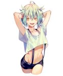  :d arms_behind_back bare_shoulders black_shorts blue_hair commentary copyright_request cowboy_shot cropped_legs hands_up looking_at_viewer male_focus midriff navel open_mouth orange_eyes shirt short_hair short_sleeves shorts simple_background smile solo suspender_shorts suspenders white_background white_shirt yamakawa 