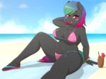  2018 absurd_res anthro beach bedroom_eyes beverage big_breasts bikini black_feathers blush bracelet breasts chest_tuft cleavage clothed clothing cloud cup equine eyebrows eyelashes fan_character feathered_wings feathers female footwear fur gradient_hair hair half-closed_eyes hand_behind_head hi_res jewelry looking_at_viewer mammal my_little_pony navel omegaozone open_mouth open_smile outside paintheart pegasus pink_eyes portrait pose sandals seaside seductive shadow short_hair sitting sky slightly_chubby smile solo straw swimsuit thick_thighs tongue towel tuft water wings 