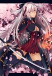  bangs black_legwear breasts cherry_blossoms cleavage dark_skin dress eyebrows_visible_through_hair fate/grand_order fate_(series) fire floating_hair hair_between_eyes highres holding holding_sheath holding_sword holding_weapon katana long_hair looking_at_viewer medium_breasts okita_souji_(alter)_(fate) okita_souji_(fate)_(all) pleated_dress sheath short_dress silver_eyes silver_hair solo sword tanaji thigh_strap thighhighs underboob very_long_hair weapon 