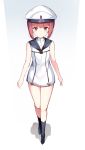  bangs black_legwear blunt_bangs blush bottomless brown_hair dress eyebrows_visible_through_hair full_body gradient gradient_background hat kagami_(galgamesion) kantai_collection looking_at_viewer red_eyes sailor_dress shadow shirt short_hair sleeveless sleeveless_shirt solo standing white_dress white_hat z3_max_schultz_(kantai_collection) 