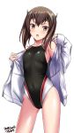  artist_name black_swimsuit brown_eyes brown_hair chestnut_mouth competition_swimsuit contrapposto covered_navel cowboy_shot dated flat_chest headband headgear highres jacket kantai_collection looking_at_viewer one-piece_swimsuit open_clothes open_jacket simple_background sleeves_past_wrists solo standing swimsuit taihou_(kantai_collection) tsuchimiya white_background white_jacket 