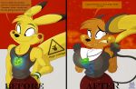  2018 anthro before_and_after big_breasts breast_expansion breasts chest_tuft cleavage clothed clothing dialogue electricity female fist gender_transformation jewelry male mtf_transformation necklace nintendo pikachu pok&eacute;mon pok&eacute;mon_(species) raichu shirt smile solo standing surprise tank_top theawesomefoxguy transformation tuft video_games 