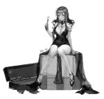  bangs breasts champagne_flute character_name cleavage cup dress drinking_glass dsr-50_(girls_frontline) earrings full_body girls_frontline gorget greyscale ioliteplanet jewelry knees_together_feet_apart large_breasts long_dress long_hair looking_at_viewer monochrome no_bra pelvic_curtain plunging_neckline sitting smile solo 