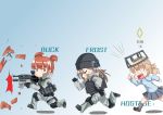  aki_(girls_und_panzer) antyobi0720 bangs beanie black_footwear black_gloves black_hat black_vest blank_eyes blue_background blue_footwear blue_shirt boots brown_hair buck_(rainbow_six_siege) carrying character_name chasing chibi closed_eyes closed_mouth commentary_request diamond_(shape) elbow_pads emblem emphasis_lines explosion eyebrows_visible_through_hair from_side frost_(rainbow_six_siege) frown girls_und_panzer gloves gradient gradient_background grey_jacket grey_legwear grey_pants grey_skirt gun hair_tie hat highres holding holding_gun holding_weapon jacket jitome jtf-2 keizoku_(emblem) keizoku_school_uniform knee_pads light_brown_hair loafers long_hair long_sleeves looking_back machine_gun mika_(girls_und_panzer) mikko_(girls_und_panzer) miniskirt multiple_girls open_mouth pants pleated_skirt rainbow_six_siege red_eyes red_hair running school_uniform shadow sharp_teeth shirt shoes short_hair short_twintails skirt smile socks stalk_in_mouth sweatdrop tactical_clothes tearing_up teeth translation_request twintails vest weapon weapon_request 