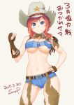  bare_shoulders blue_eyes blush breasts commentary_request cowboy_hat cutoffs dated fingerless_gloves gloves hat highres large_breasts looking_at_viewer low_twintails monica_blueash navel red_hair school_girl_strikers signature smile solo sunsun69 torn_clothes twintails underboob 