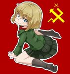  aono3 arm_support bangs black_legwear black_skirt blonde_hair blue_eyes closed_mouth emblem eyebrows_visible_through_hair fang from_above girls_und_panzer green_jacket jacket katyusha leaning_forward long_sleeves looking_at_viewer looking_back miniskirt no_shoes pleated_skirt pravda_(emblem) pravda_school_uniform red_background red_shirt school_uniform shirt short_hair sitting skirt smile socks solo turtleneck v-shaped_eyebrows wariza 