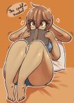  5_fingers 5_toes annoyed anthro barefoot bed_sheet bedding bent_legs big_thighs blue_shirt blush book breasts brianne_(spikedmauler) brown_hair butt clothing covering_mouth embarrassed english_text eyebrows_visible_through_hair feet female flustered hair holding_book holding_object humanoid_feet humanoid_hands lagomorph legs_together long_ears mammal medium_breasts orange_background orange_eyes panties pillow plantigrade rabbit shiny shirt short_hair side_boob simple_background sitting solo spikedmauler tan_skin text toes underwear 
