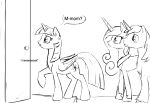  2015 dialogue english_text equine feathered_wings feathers female feral friendship_is_magic group horn male mammal monochrome my_little_pony princess_cadance_(mlp) shining_armor_(mlp) silfoe text twilight_sparkle_(mlp) unicorn winged_unicorn wings 