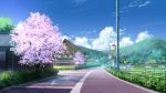 cherry_blossoms cloud day fence highres mirror niko_p no_humans original road road_sign scenery sign sky traffic_mirror tree 