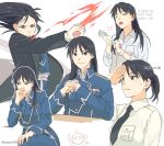  1boy 1girl =3 amestris_military_uniform antenna_hair arms_up black_coat black_eyes black_hair braid coat dirty dirty_face edward_elric elbows_on_table expressionless eyebrows_visible_through_hair eyes_closed fire floating_hair frown fullmetal_alchemist genderswap genderswap_(mtf) gloves grey_shirt hand_on_own_chin hands_together image_sample ing-eo_(polaris599) interlocked_fingers legs_crossed light_smile long_hair long_sleeves looking_away looking_up middle_finger military military_uniform necktie no_mouth no_nose open_mouth ponytail roy_mustang salute shirt simple_background sweatdrop translation_request twitter_sample twitter_username uniform upper_body white_background white_shirt 