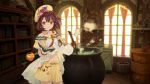  atelier_(series) atelier_sophie blush book brown_eyes brown_hair cauldron game_cg jewelry looking_at_viewer necklace noco_(adamas) official_art short_hair smile solo sophie_neuenmuller 