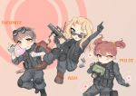  :p absurdres alisa_(girls_und_panzer) antyobi0720 arm_up ash_(rainbow_six_siege) backpack bag bandages bangs black_footwear black_gloves black_jacket black_pants black_vest blonde_hair blue_eyes boots brown_eyes brown_footwear brown_hair character_name chewing_gum chibi commentary_request fbi freckles girls_und_panzer gloves glowing glowing_eyes goggles goggles_on_head grin gun hair_intakes hair_ornament highres holding holding_gun holding_weapon jacket jumping kay_(girls_und_panzer) knee_pads laser_sight long_hair long_sleeves looking_at_viewer multiple_girls naomi_(girls_und_panzer) pants pink_background pointing pointing_up pouch pulse_(rainbow_six_siege) radio rainbow_six_siege short_hair short_twintails sleeves_rolled_up smile standing standing_on_one_leg star star_hair_ornament submachine_gun sunglasses swat tactical_clothes thermite_(rainbow_six_siege) tongue tongue_out twintails very_short_hair vest weapon weapon_request 