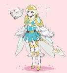  bird blonde_hair blue_eyes blue_hair blush cape check_translation crown dress earrings feather_trim feh_(fire_emblem_heroes) fire_emblem fire_emblem_heroes fjorm_(fire_emblem_heroes) gradient gradient_hair hair_ornament jewelry long_hair multicolored_hair polearm qumaoto short_hair simple_background smile thighhighs translation_request weapon 