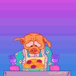  2015 5_fingers ambiguous_gender animal_head animal_humanoid animated apron black_eyes blue_background blue_clothing brown_body bust_portrait canine clothed clothing cute digital_drawing_(artwork) digital_media_(artwork) dog dog_humanoid food fork front_view frown gogarty gradient_background holding_object humanoid humanoid_hands humor looking_down loop mammal meat meatball nervous pasta patterned_clothing pink_body portrait purple_background signature simple_background snout solo spaghetti sweat table toony 