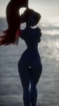  3d_(artwork) absurd_res anthro athletic beach blue_skin breasts butt crossed_arms detailed_background digital_media_(artwork) english_text eye_patch eyewear female fish gills hair hand_on_shoulder hi_res lighting long_hair marine nude patreon ponytail rear_view red_hair scales sea seaside sharp_teeth side_boob sky solo standing teeth text thigh_gap thin_waist undertale undyne video_games water wo262 yellow_eyes 