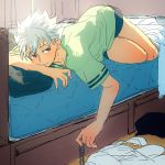  baseball_cap black_hat chain_necklace closed_mouth clothes_on_floor green_shirt hat implied_yaoi king_of_prism_by_prettyrhythm looking_to_the_side male_focus nishina_kazuki on_bed pajamas pretty_rhythm red_eyes shirt smile solo spiked_hair tan white_hair white_shirt yoshitaka_(dski_dansu) 