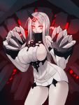  bare_shoulders breasts claws detached_sleeves dress glowing glowing_eyes hands_up highres horn kantai_collection large_breasts long_hair looking_at_viewer open_mouth red_eyes ribbed_dress seaport_hime shinkaisei-kan short_dress sideboob silver_hair solo standing sub-res white_skin 