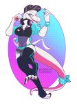  2017 alpha_channel anthro bow bra bracelet breasts claws clothed clothing eyewear female glasses hat headphones jewelry leggings legwear necklace nintendo open_mouth pok&eacute;mon pok&eacute;mon_(species) raised_leg salazzle seamen shirt shorts simple_background smile solo standing toe_claws tongue transparent_background underwear video_games 