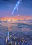  city cloud cloudy_sky comet diffraction_spikes highres kimi_no_na_wa lake niko_p no_humans official_style parody scenery shinkai_makoto_(style) sky tokyo_sky_tree twilight 