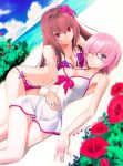  beach bikini bow breasts cleavage cloud cloudy_sky collarbone commentary_request day dress_swimsuit fate/grand_order fate_(series) flower glasses hair_flower hair_intakes hair_ornament hair_over_one_eye hibiscus large_breasts lavender_hair looking_at_viewer lying mash_kyrielight multiple_girls navel ocean pink_bikini pink_bow purple_bikini purple_eyes purple_hair red_eyes scathach_(fate)_(all) scathach_(swimsuit_assassin)_(fate) shirotsumekusa short_hair sky smile swimsuit swimsuit_of_perpetual_summer white_swimsuit 