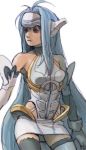  android bare_shoulders blue_hair breasts commentary_request elbow_gloves expressionless forehead_protector gloves homa kos-mos leotard long_hair lowres red_eyes solo standing thighhighs very_long_hair xenosaga 
