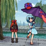  @_@ animated animated_gif black_shirt blue_bow blue_eyes blue_hair blue_skirt blue_vest bow cape commentary day disembodied_head dizzy_(feeling) geta hair_bow heterochromia holding holding_umbrella isu_(is88) juliet_sleeves karakasa_obake long_sleeves lowres miniskirt multiple_girls no_socks open_mouth outdoors pixel_art puffy_sleeves red_cape red_eyes red_hair red_skirt river sekibanki shirt short_hair skirt squatting tatara_kogasa thighs tongue touhou tree umbrella vest white_shirt willow 