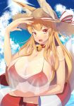  animal_ears bad_hands bell bikini blonde_hair blush breasts choker cloud cloudy_sky commentary_request day fox_ears fox_tail hat hat_ribbon highres huge_breasts innertube jingle_bell long_hair open_mouth original red_bikini red_eyes ribbon see-through shinoshinosp sky solo straw_hat sun swimsuit tail 