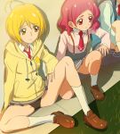  ahoge black_panties blonde_hair blue_hair grey_skirt hair_ornament haruyama_kazunori hugtto!_precure jacket kagayaki_homare l'avenir_academy_uniform long_hair looking_to_the_side multiple_girls necktie nono_hana panties precure red_eyes red_hair red_neckwear short_hair sitting skirt socks suspenders underwear white_panties x_hair_ornament yakushiji_saaya yellow_eyes yellow_jacket 