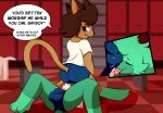  2018 absurd_res alex_(carpetwurm) anthro brown_hair bulge butt carpetwurm cat clothed clothing crotch_sniffing cum_through_clothing dialogue duo eyes_closed facesitting feline freckles fur green_fur hair hi_res hybrid lagomorph locker_room male male/male mammal open_mouth precum rabbit raised_tail shirt signature smile swimsuit text tongue tongue_out 