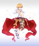  absurdres bare_chest blonde_hair blue_background chain chest_tattoo child_gilgamesh closed_mouth expressionless fate/grand_order fate/hollow_ataraxia fate_(series) full_body gradient gradient_background grey_background highres looking_at_viewer male_focus mizukiraimu open_clothes open_shirt outstretched_hand red_eyes shirt shoes shorts simple_background solo standing tattoo white_background white_shirt 