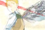  alphonse_elric angel_wings blonde_hair expressionless frown fullmetal_alchemist graphite_(medium) highres kyouki_(aokikyoko) long_sleeves looking_away looking_back male_focus mechanical_pencil mechanical_wings pencil red shirt short_hair simple_background solo traditional_media waistcoat white_background white_shirt wings yellow_eyes 