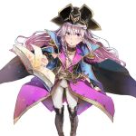  absurdres book braid commentary_request cosplay fate/grand_order fate_(series) francis_drake_(fate) francis_drake_(fate)_(cosplay) hat highres jacket_on_shoulders jeffrey10 nursery_rhyme_(fate/extra) open_book open_clothes open_shirt pants pirate_hat purple_eyes white_hair 
