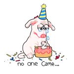  2018 ambiguous_gender birthday_cake black_eyes cake candle canine clothed clothed_feral clothing confetti crying digital_drawing_(artwork) digital_media_(artwork) dog english_text feral food frown full-length_portrait gogarty hat looking_down mammal mostly_nude naked_hat party_hat pink_nose portrait quadruped sad simple_background sitting snout solo tears text toony whiskers white_background 