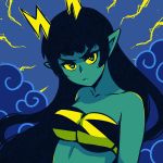  :&lt; akairiot bangs bare_arms black_bra black_hair bra collarbone dynja_(akairiot) green_eyes green_skin horns lighting long_hair looking_at_viewer multicolored multicolored_bra multicolored_clothes original pointy_ears serious solo strapless strapless_bra underwear yellow_bra yellow_sclera 