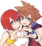  1girl blue_eyes breasts brown_hair closed_mouth commentary_request hood hoodie jewelry jyaco7777 kairi_(kingdom_hearts) kingdom_hearts kingdom_hearts_i necklace red_hair short_hair sora_(kingdom_hearts) 