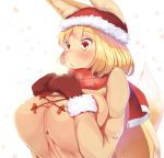  beanie blonde_hair blush breast_suppress breasts breath coat commentary_request duffel_coat enpera fox_ears fox_tail fur_trim hat highres huge_breasts long_hair mittens original red_eyes scarf shinoshinosp tail 