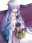  anastasia_(fate/grand_order) bangs blue_cloak blue_eyes commentary cup doll dress fate/grand_order fate_(series) fur_trim grey_hair hair_ornament hair_over_one_eye hairband hane_yuki highres holding holding_cup jewelry leaf_hair_ornament long_hair necklace orange_hairband royal_robe saucer silver_hair sitting smile solo tea very_long_hair white_dress 