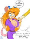  2017 anthro big_breasts blonde_hair blue_eyes breast_expansion breasts buckteeth chip_&#039;n_dale_rescue_rangers cleavage clenched_teeth clothed clothing dialogue disney eyewear female gadget_hackwrench goggles hair long_hair mammal mouse pencil_(object) rodent simple_background solo standing surprise teeth theawesomefoxguy unseen_character white_background 