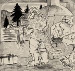  2018 5_fingers anthro argonian butt clothed clothing daftpatriot detailed_background digital_drawing_(artwork) digital_media_(artwork) drying duo fireplace footwear gloves grin hi_res horn imminent_sex inside inviting looking_at_another looking_at_butt looking_back male male/male monochrome muscular muscular_male naughty_face nipples pants partially_clothed pecs presenting presenting_hindquarters reptile scales scalie sharp_teeth smile solo_focus standing surprise sweat sweatdrop teeth the_elder_scrolls thick_tail topless tree undressing video_games 