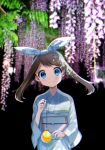  absurdres aqua_eyes aqua_kimono aqua_ribbon brown_hair closed_mouth flower hair_ribbon haruka_(pokemon) highres japanese_clothes kimono long_hair long_sleeves obi outdoors pokemon pokemon_(game) pokemon_oras ribbon sash smile solo water_balloon wisteria yuihiko yukata 