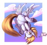  2018 blonde_hair butt cloud cutie_mark derpy_hooves_(mlp) dock english_text equine feathers featureless_crotch female feral friendship_is_magic fur grey_feathers grey_fur hair hooves horse looking_at_viewer mammal my_little_pony navel open_mouth pegasus pony simple_background smile solo spaboofy speech_bubble text tongue wings yellow_eyes 