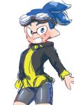  bike_shorts blue_eyes blue_hair contrapposto domino_mask fang goggle-kun_(splatoon) goggles goggles_on_head highres inkling jacket male_focus mask open_mouth pointy_ears ryoume_gantai smile solo splatoon_(manga) splatoon_(series) standing tentacle_hair topknot 