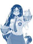  ;d blue bowl breasts contrapposto cowboy_shot epaulettes food ge_xi glasses grin hamana_akane highres holding holding_bowl large_breasts levasol_defense_corps long_hair monochrome necktie one_eye_closed open_mouth original pencil_skirt police police_uniform short_sleeves shrimp shrimp_tempura skirt smile solo standing tempura uniform very_long_hair witches_in_7th_base 
