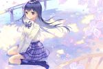  arms_between_legs blue_hair blue_neckwear blue_skirt bow bowtie collared_shirt commentary_request cover cover_page doujin_cover flower kneehighs loafers long_hair long_sleeves looking_at_viewer navy_blue_legwear original outdoors petals plaid plaid_neckwear plaid_skirt purple_eyes railing rugo school_uniform shirt shoes sitting skirt solo wariza white_shirt 
