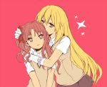  2girls arms_around_neck artist_request blonde_hair brown_eyes brown_hair female gold_eyes long_hair multiple_girls school_uniform shirai_kuroko shokuhou_misaki simple_background to_aru_kagaku_no_railgun to_aru_majutsu_no_index twintails yuri 