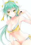  arm_up bangs bare_arms bare_shoulders bikini blue_background blush bow breasts cleavage collarbone commentary_request curled_horns dragon_horns eyebrows_visible_through_hair fate/grand_order fate_(series) fingernails green_hair hair_between_eyes highres horns kiyohime_(fate/grand_order) lifted_by_self long_hair looking_at_viewer medium_breasts navel parted_lips simple_background smile solo strap_lift swimsuit tomozero very_long_hair yellow_bikini yellow_bow yellow_eyes 