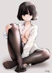  arm_support artist_name bangs black_hair black_legwear blunt_bangs bob_cut breasts cleavage commentary_request dress_shirt full_body grey_background highres indian_style large_breasts leg_grab light_frown no_bra open_clothes open_shirt original pantyhose shirt short_hair signature simple_background sitting solo souryu white_shirt 